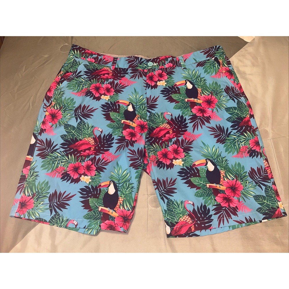 Hreski Golf Shorts Men Size 40 Tropical All Over Print Pockets Stretch EUC